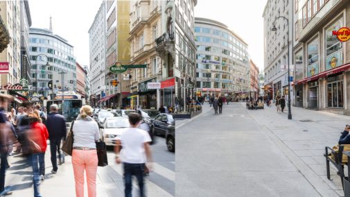 am linken Bild viele Autos, Fußgänger drängen sich am Gehweg, am rechten Bild keine Autos, Fußgänger verteilen sich