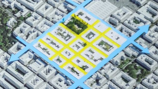 3D-Visualisierung eines Stadtviertels mit quadratisch eingegrenztem Gebiet