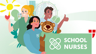 Illustration of 3 people an a bear; slogan:"School Nurses"