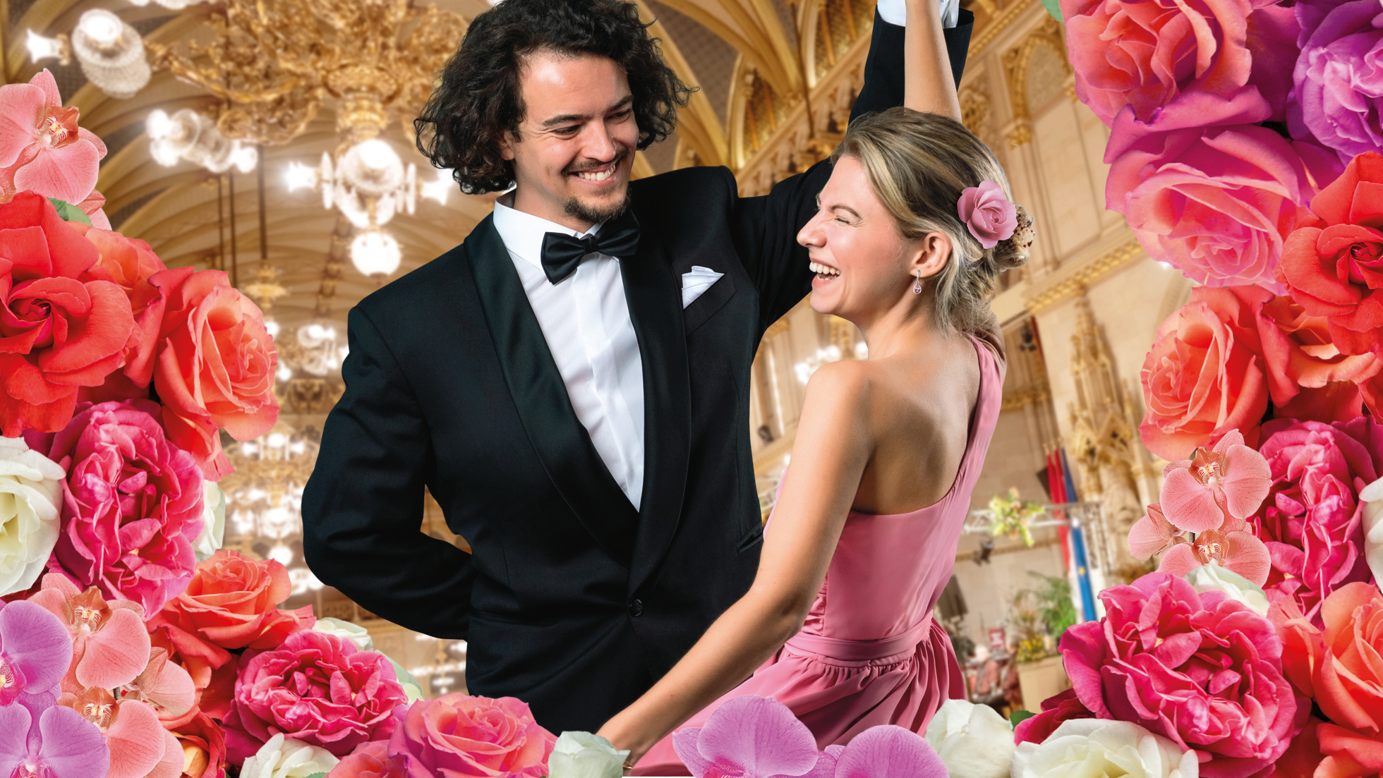 A dancing couple surrounded by flower decorations