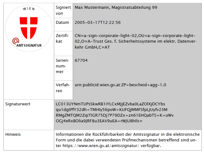 Amtssignatur, mit Dokumente aus der Papierform in die digitale Form rückgeführt werden konnten