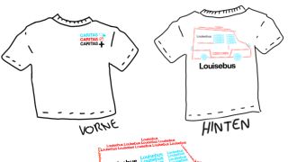 Entwurf eines T-Shirts mit Aufschrift "Louisebus" und Comic-Bus