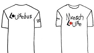 Entwurf eines T-Shirts mit Aufschrift "Louisebus" und "Mensch Louise"