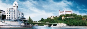 Fotomontage: Wien und Bratislava, verbunden durch eine Brücke