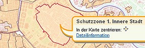 Stadtplan-Ausschnitt mit Informationsfeld einer Schutzzone