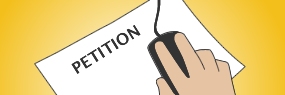 Grafik einer Hand mit Computermaus auf Blatt Papier mit Schriftzug Petition