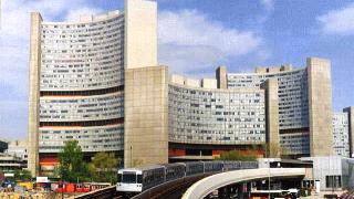 Underground train in front of the Vienna International Centre