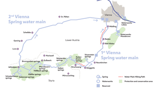 Map of the first and second Vienna spring water main from the origin in the Alps to the city Vienna