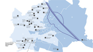 Locations of water reservoirs and facilities in Vienna