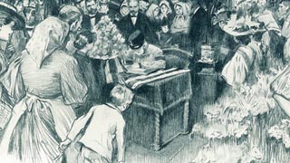 Zeichnung aus dem Jahr 1900: "Der Kaiser in der Markthalle" - Menschenmenge um den an einem Schreibtisch sitzenden Kaiser