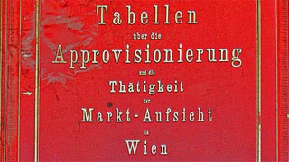Roter Buchumschlag mit der Aufschrift "Tabellen über die Approvisionierung und die Thätigkeit der Markt-Aufsicht in Wien in den Jahren 1848-1897"