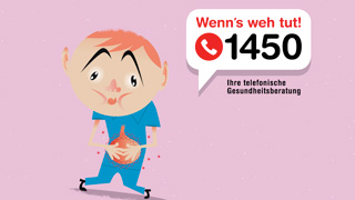 Kind hält sich den Bauch, daneben Sprechblase mit Text: Wenn's weh tut! Telefon 1450