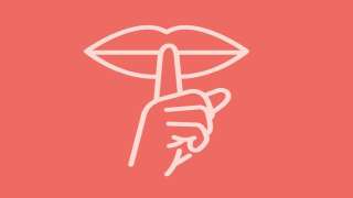 Symbolisch dargestellt: Zeigefinger auf geschlossenen Lippen auf rotem Hintergrund