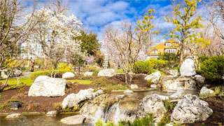 Park mit einem Teich, groen Steinen und blhenden Bumen