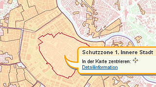 Stadtplanausschnitt mit Informationsfeld zu gebietsbezogenen Merkmalen