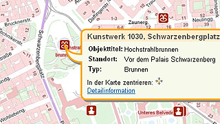 Stadtplanausschnitt mit Informationsfeld zu Denkmäler, Brunnen, Plastiken, ...