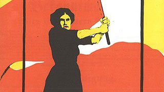 Plakat mit Fahne schwingender Frau