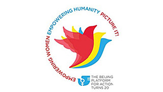 Logo zum Jubilumsjahr zur 4. Weltfrauenkonferenz in Peking 1995: Drei Vgel, umgeben von einem kreisfrmig angeordneten Text