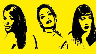 3 gezeichnete Frauenköpfe in schwarz auf gelbem Hintergrund