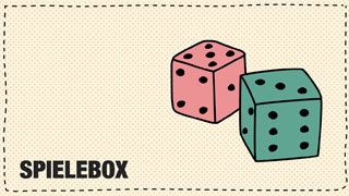 Schriftzug "Spielebox" mit zwei Würfeln