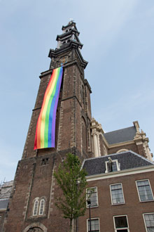 Rainbow flag on the Westertoren Amsterdam