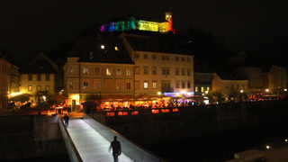 City landmark in rainbow-colour light