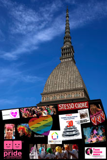Photo collage featuring various LGBT related topics in front of a building