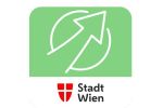 Weißer Pfeil auf grünem Hintergrund und "Stadt Wien"-Schriftzug