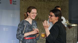 Austrian Embassy Envoy Karin Traunmller in conversation with Jovana Milic from the Office of the Austrian Social Attach