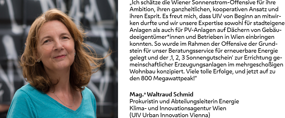 Porträt einer Frau, Waltraud Schmid, mit halblangen Haaren und türkisfarbenem Oberteil. Daneben steht ein Zitat über den Beitrag der Klima- und Innovationsagentur Wien zur Wiener Sonnenstrom-Offensive. Copyright: UIV/Christian Fürthner