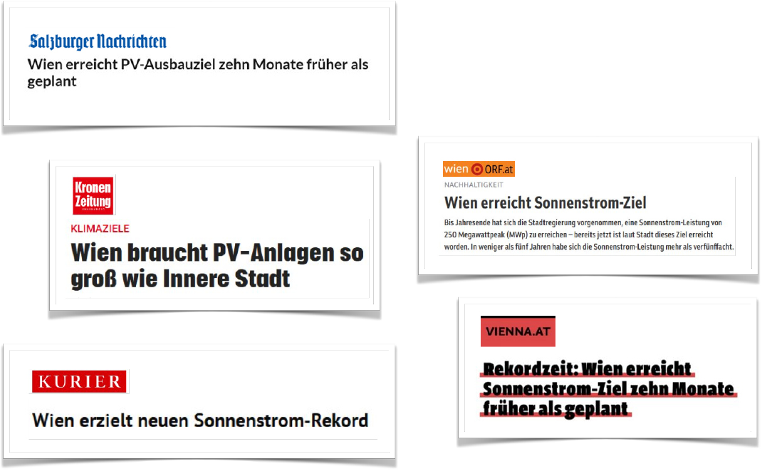 Collage mehrerer österreichischer Zeitungsschlagzeilen zur Wiener Sonnenstrom-Offensive. Überschriften betonen den schnellen Ausbau und neue Rekorde beim Sonnenstrom in Wien. copyright: kraftwerk