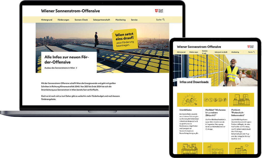 Website der Wiener Sonnenstrom-Offensive auf Laptop und Tablet dargestellt. Auf den Bildschirmen sind Informationen zu Förderungen, Solarförderleitfaden und Beratungsangeboten zu sehen.  copyright: "Website: MXR
Mobile: Stocksy"