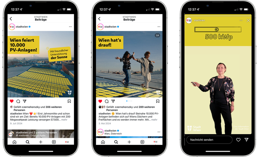 Drei Smartphones zeigen Social-Media-Beiträge der Stadt Wien zur Sonnenstrom-Offensive. Zu sehen sind Fotos von PV-Anlagen, Menschen auf Dächern und der Schriftzug „Wien hat’s drauf“. copyright: 
1: MXR
2: MXR
3: Little Eyes