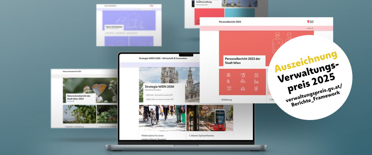 Titelbild: Desktop-Bildschirm, Laptop und Smartphone mit einem Online-Bericht der Stadt Wien