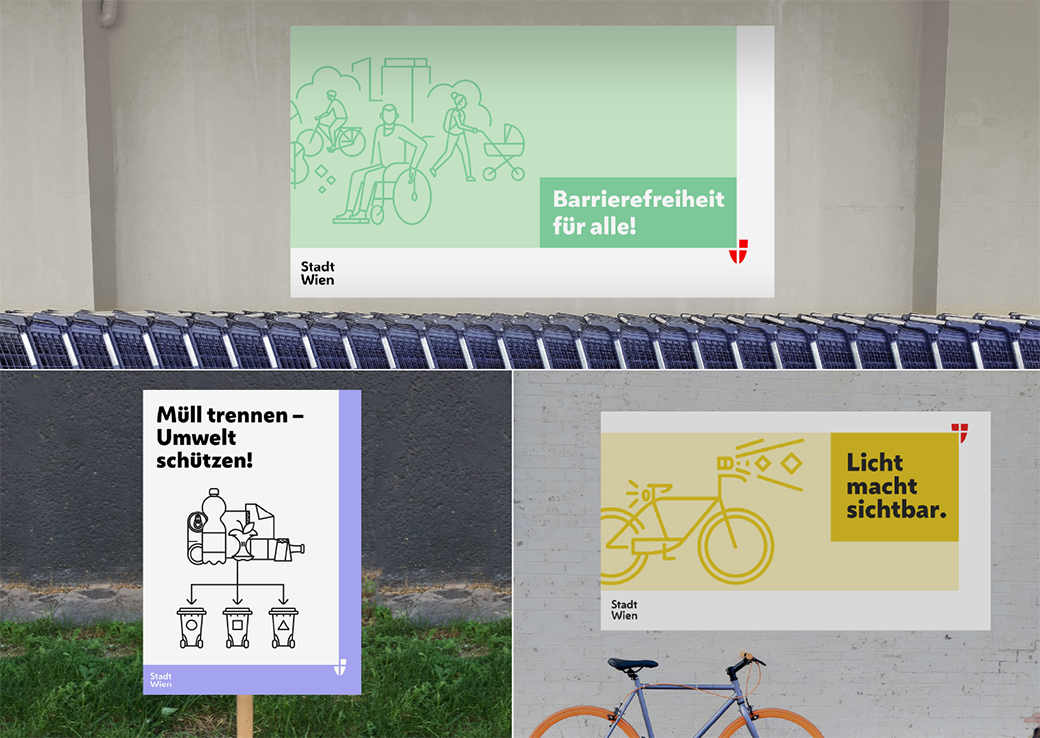 Beispiele für die Anwendung von Linienillustrationen: Plakat zur Barrierefreiheit,  Schild zur Mülltrennung, Schild wirbt für Licht am Fahrrad