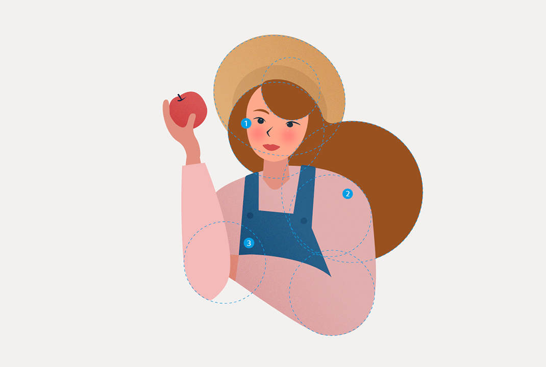 Frau mit Hut und Apfel in der Hand als Beispiel für den expressiven Illustrationsstil. Die im Folgenden aufgezählten Merkmale zum Gesichtsausdruck, zur kreisförmigen Führung und zu den Texturen sind in der Grafik markiert.