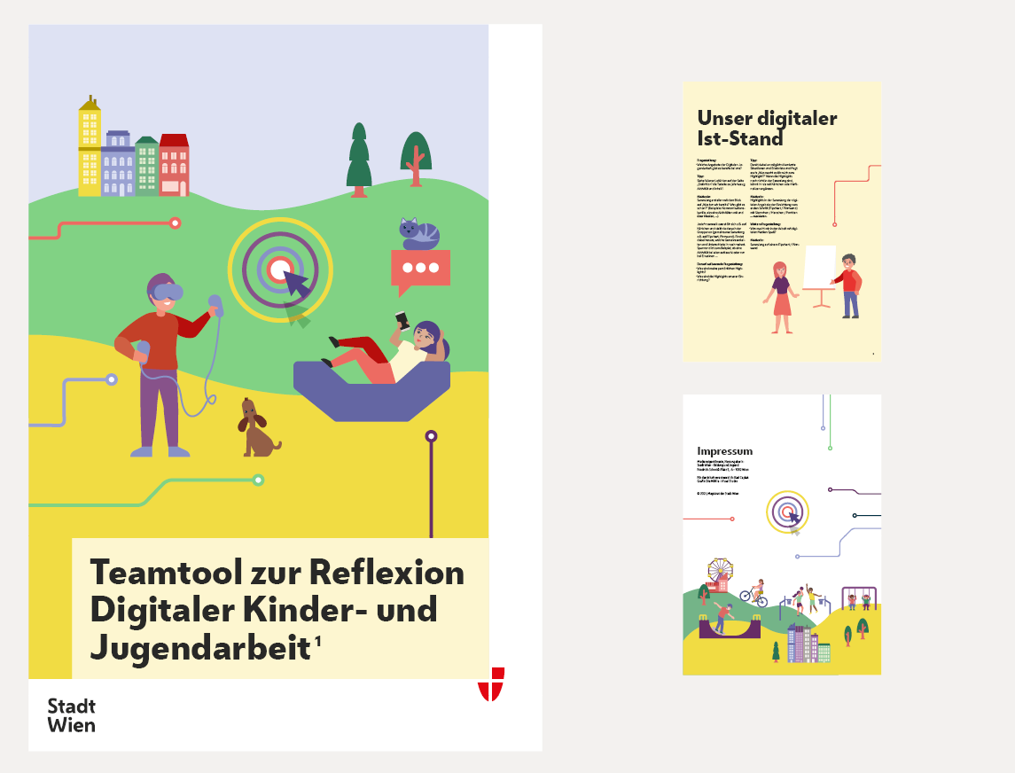 Drei Plakate im expressiven Stil zum Thema Digitale Kinder- und Jugendarbeit
