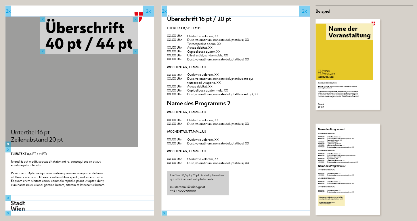 Beispiel für DIN A5 Programmvorlage zweiseitig ohne Foto mit wenigen Veranstaltungen inklusive eingezeichneten Abstandsregeln