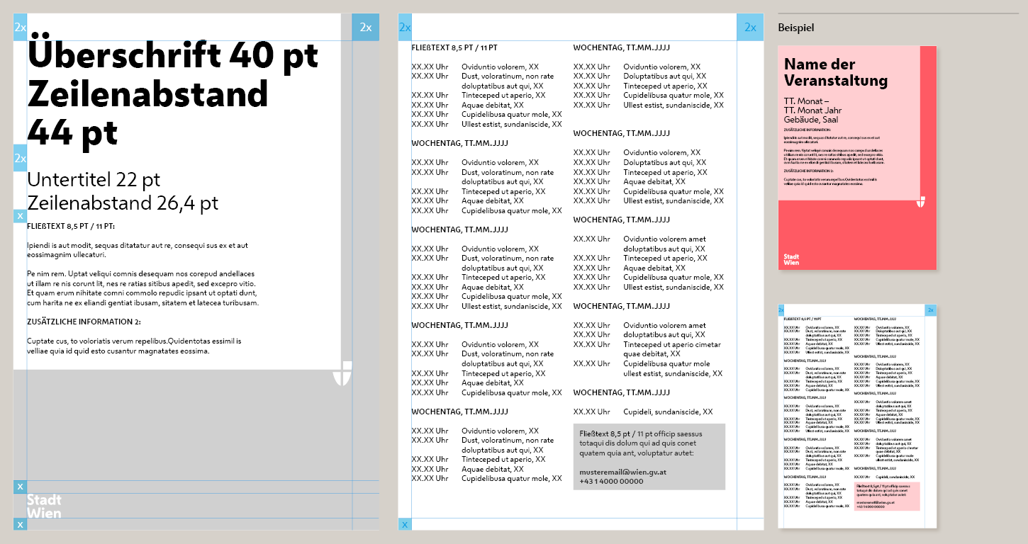 Beispiel für DIN A5 Programmvorlage zweiseitig ohne Foto mit vielen Veranstaltungen inklusive eingezeichneten Abstandsregeln