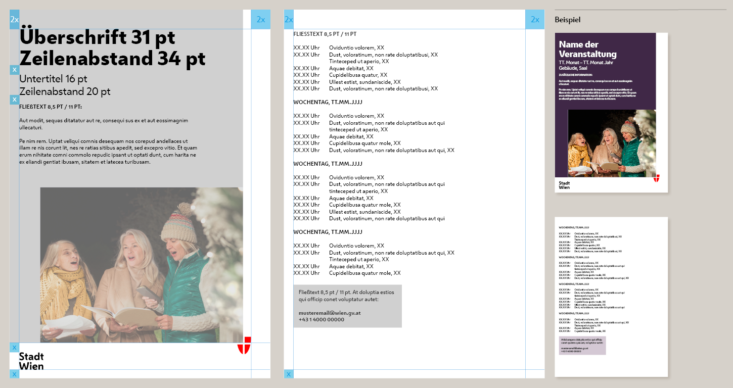 Beispiel für DIN A5 Programmvorlage zweiseitig mit Foto mit wenigen Veranstaltungen inklusive eingezeichneten Abstandsregeln