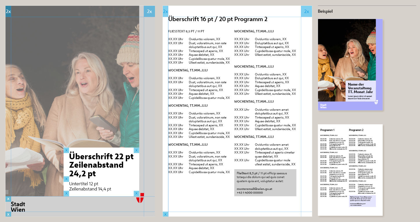 Beispiel für DIN A5 Programmvorlage zweiseitig mit Foto mit vielen Veranstaltungen inklusive eingezeichneten Abstandsregeln