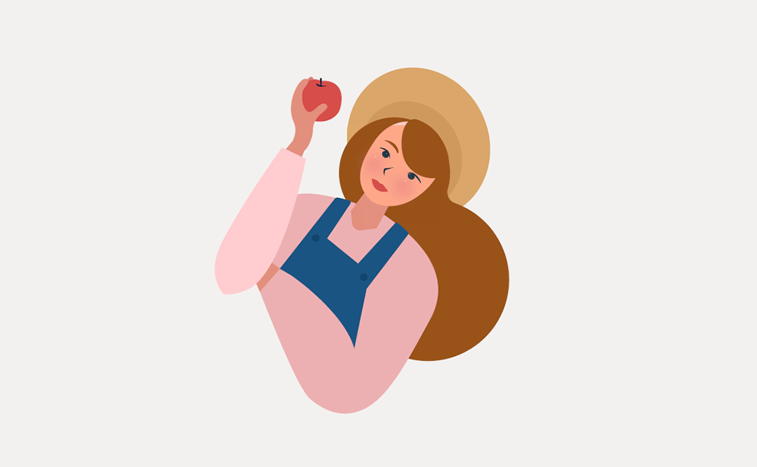 Frau mit Hut und Apfel in der Hand