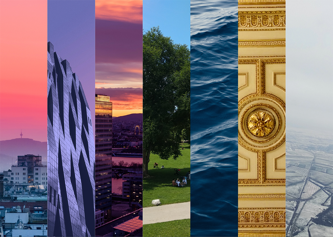 Collage aus Fotoausschnitten mit Details aus Wien, die für die Farben der Stadt Wien stehen: Morgenrot, Flieder, Abendstimmung, Frischgrün, Wasserblau, Goldgelb und Nebelgrau