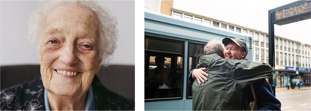 Zwei Fotos: Portrait einer älteren Dame, Willkommensumarmung zwischen zwei Männern bei Bushaltestelle
