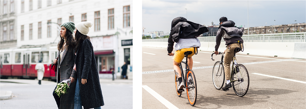 Zwei Fotos: Zwei junge Frauen auf der Straße, zwei Fahrradfahrer in Bewegung