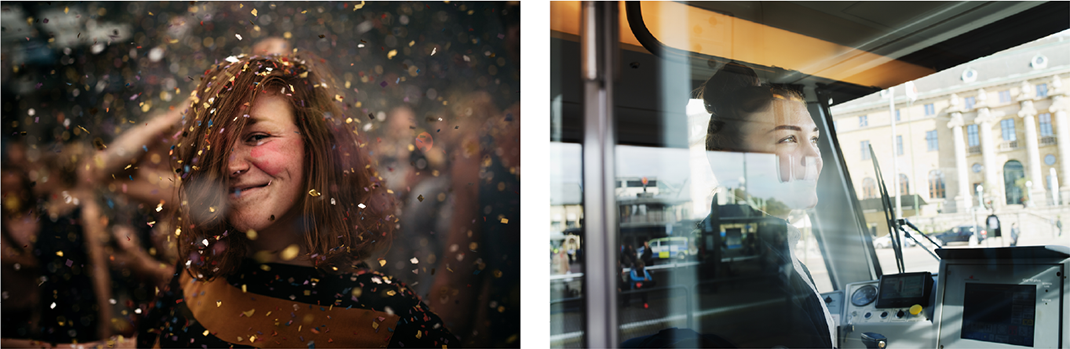 Zwei Fotos: Junge Frau im Konfetti-Regen, Straßenbahnfahrin