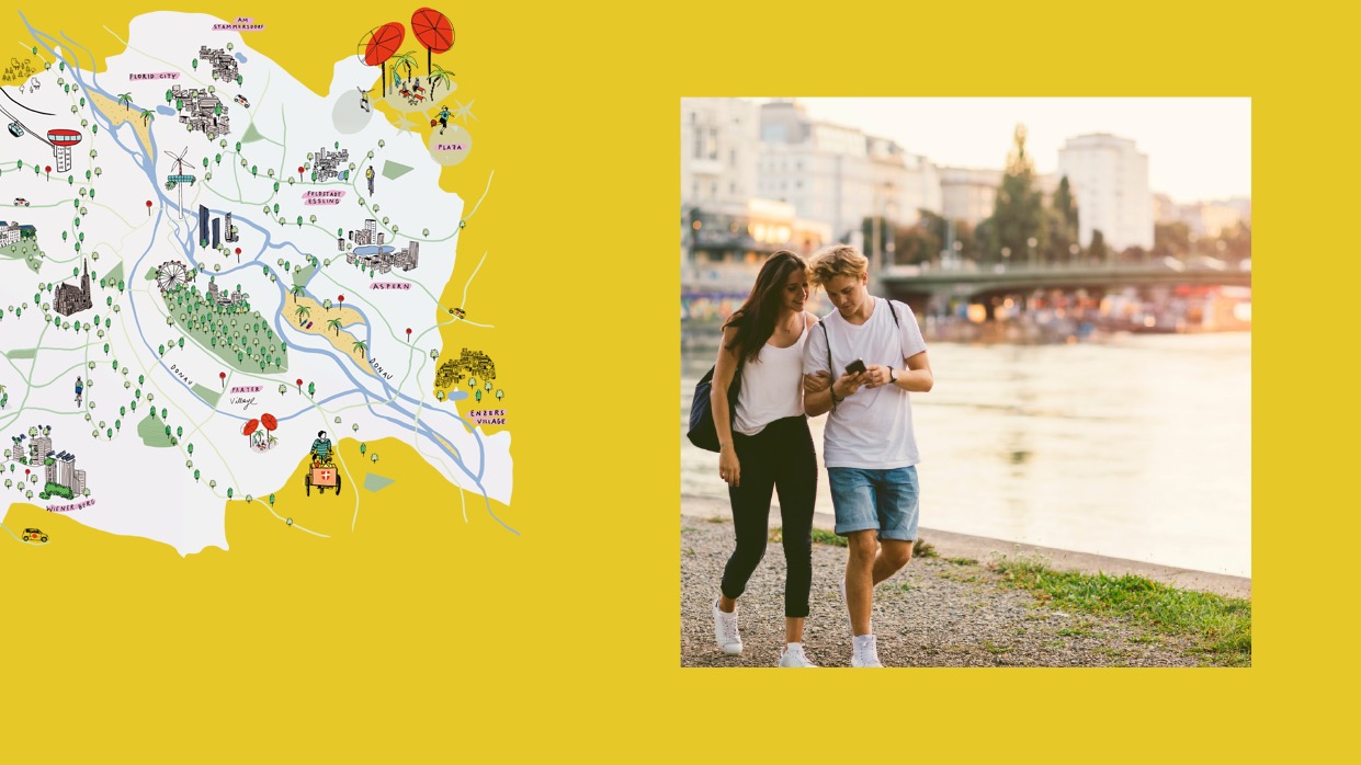 Junges Paar spaziert am Donaukanal, daneben eine gezeichente Karte, wie Wien in Zukunft aussehen könnte