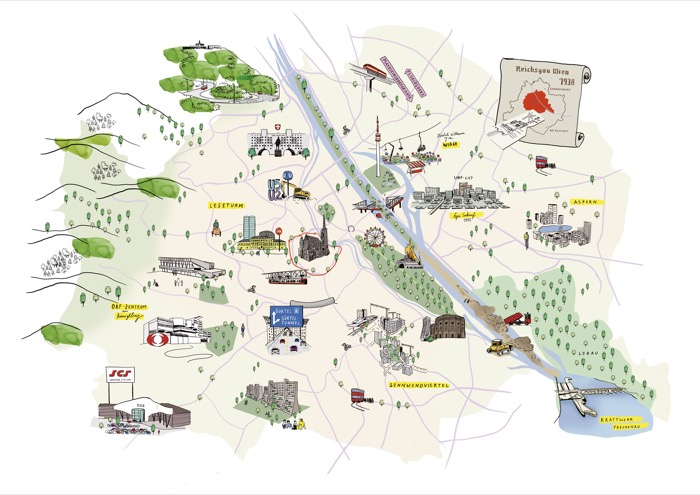 Illustration der Stadt Wien mit Zeichnungen der wichtigesten Großbauprojekte der letzten 100 Jahre wie bspw SCS Vösendorf, Kraftwerk Freudenau, Seestadt Aspern, Sonnwendviertel, uvm