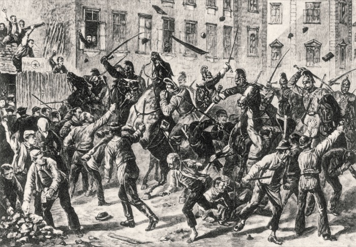 Auseinandersetzung zwischen Executive und streikenden Tramwayer 1889