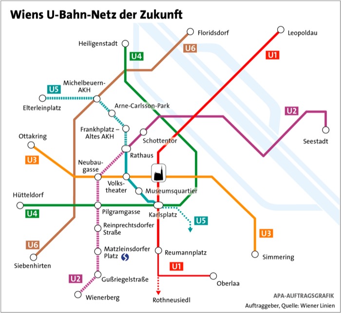 Wiens U-Bahn-Netz der Zukunft mit der verlängerten U2 sowie der neuen U5
